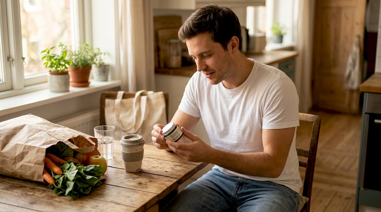 Man reading eco-friendly moisturizer label