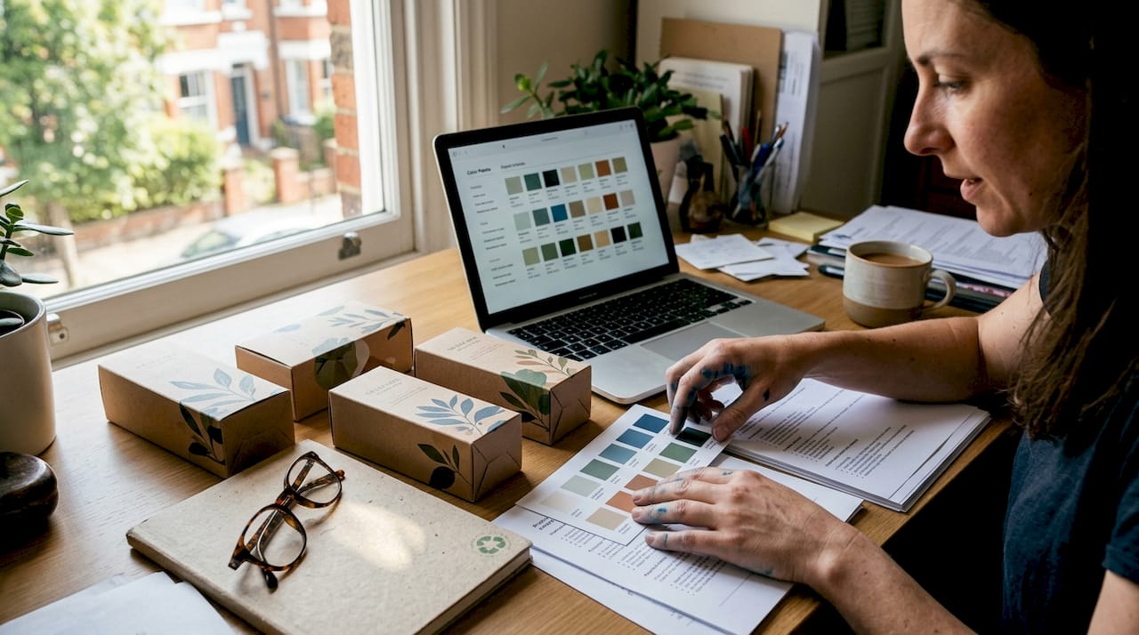 Arranging eco-friendly skincare packaging with color swatches