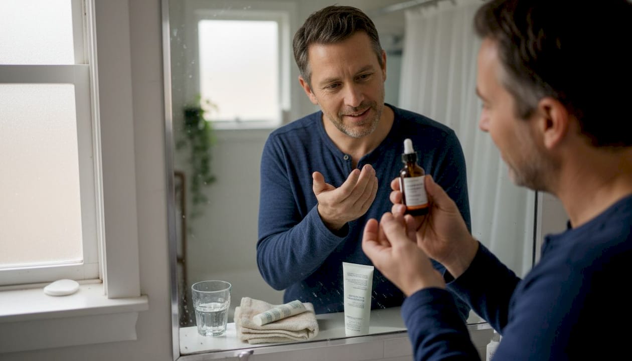 Man reviewing vegan skincare benefits by mirror