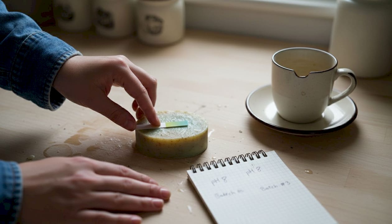 Hands testing pH of natural face soap at kitchen counter