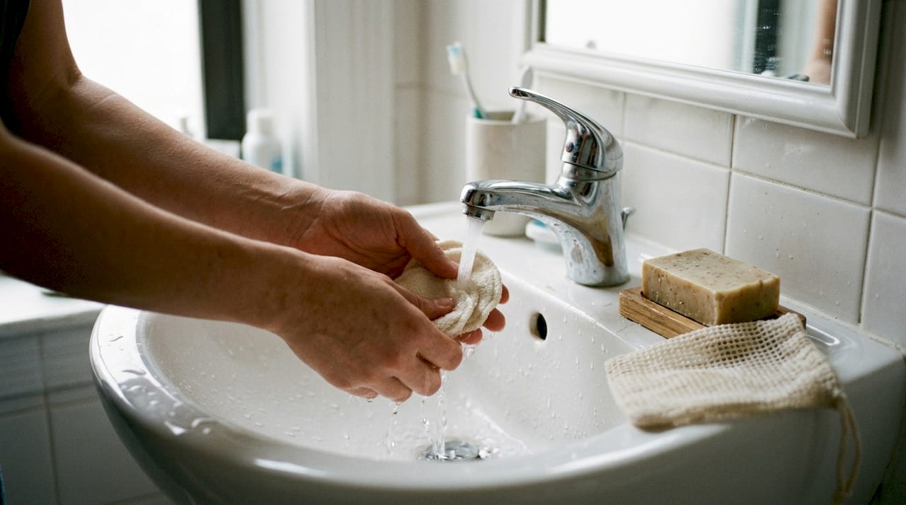 Hands clean reusable beauty accessories in sink