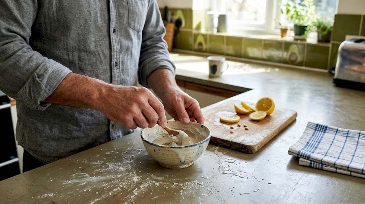 Mixing vegan clay mask in kitchen setting