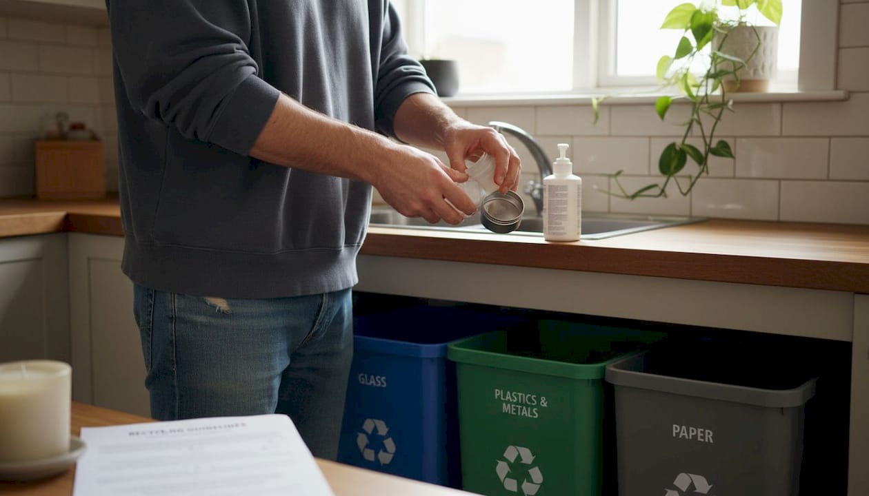 Sorting empty beauty containers for recycling bins