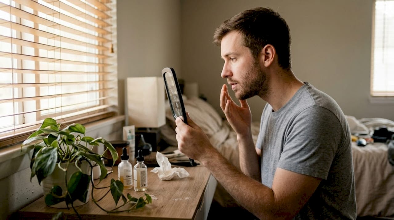 Man reviewing skin for hydration at home