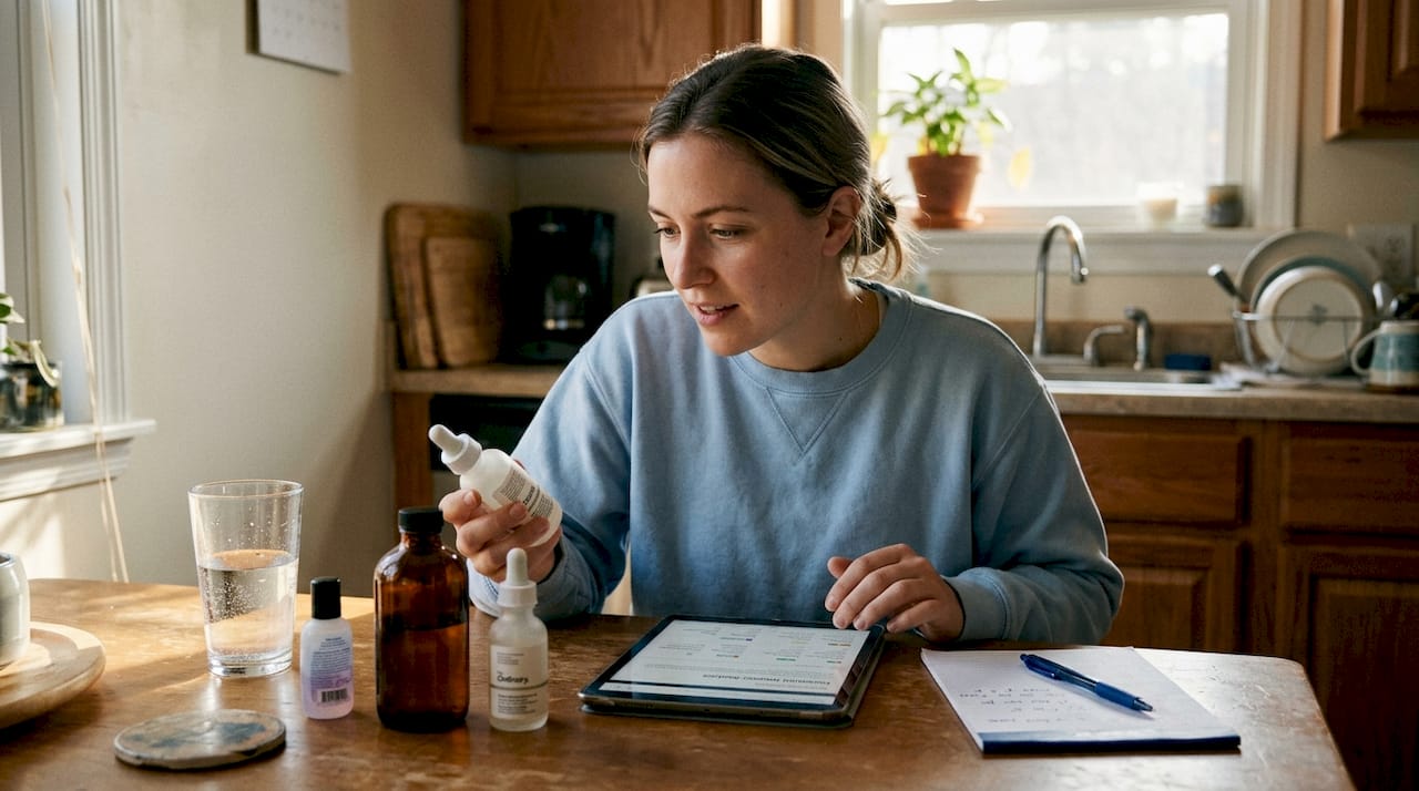 Woman comparing skincare bottles at kitchen table