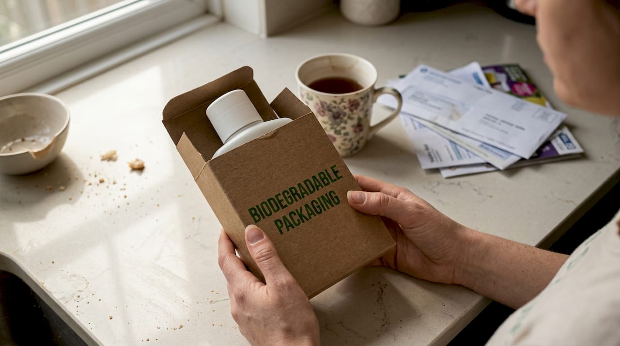 Hands holding eco-branded skincare package