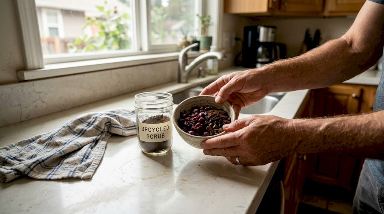 Hands holding upcycled skincare ingredients in kitchen