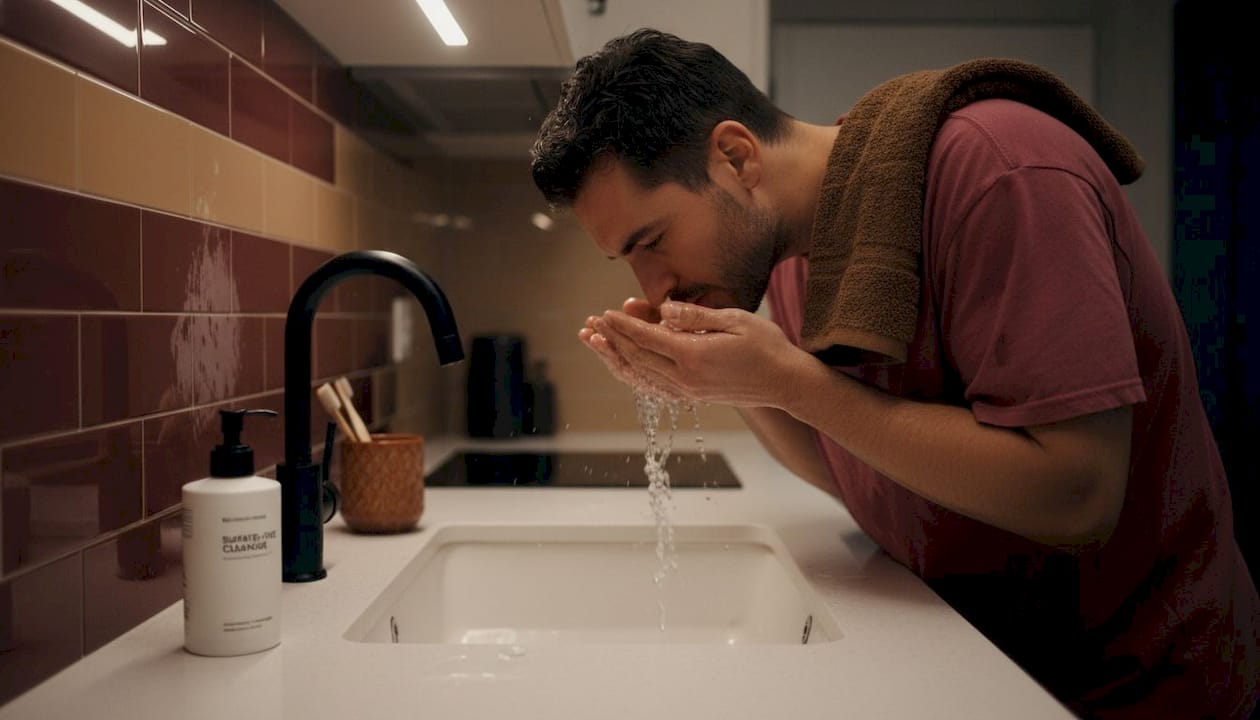 Man rinsing face with cleanser in kitchen