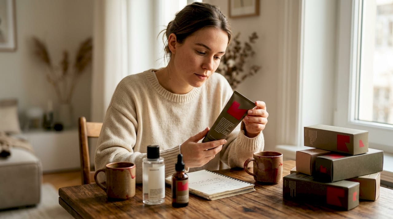 Woman sorting minimalist skincare routine in kitchen