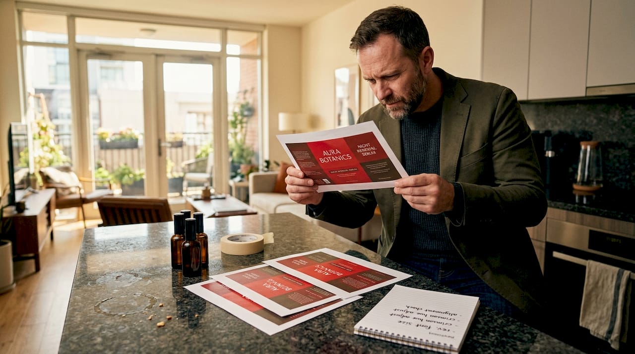 Man reviewing skincare label mockup samples