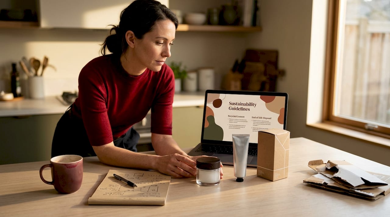 Woman comparing sustainable skincare packaging materials