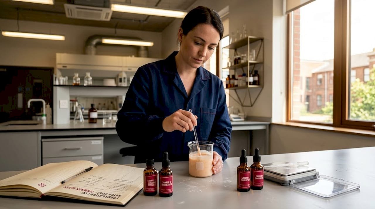 Chemist mixing vegan skincare formula in lab