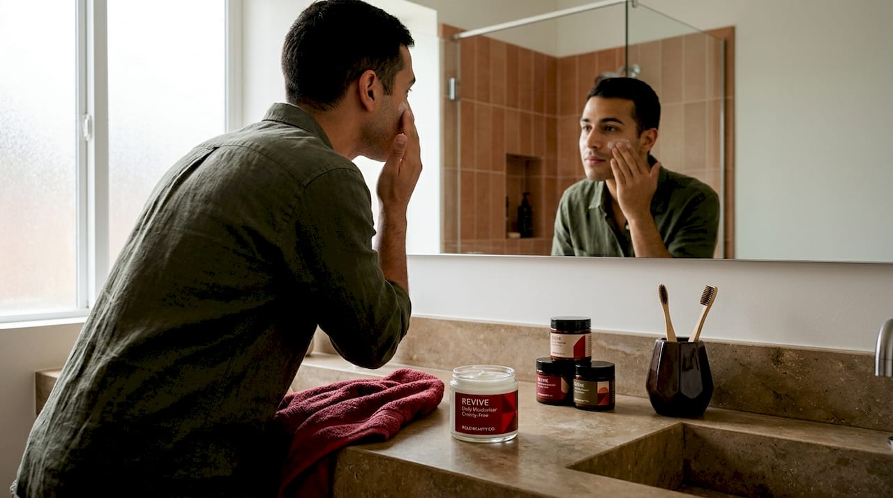 Man applying cruelty-free skincare in bathroom