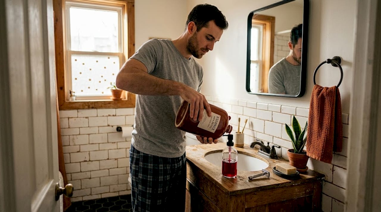 Man refilling soap dispenser in bathroom