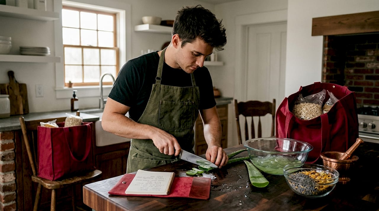 Man preparing natural skincare ingredients in kitchen