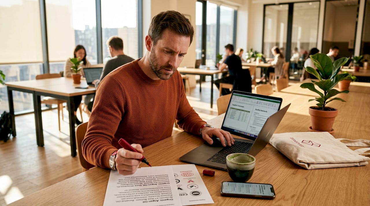 Man reviewing beauty supplier paperwork in café