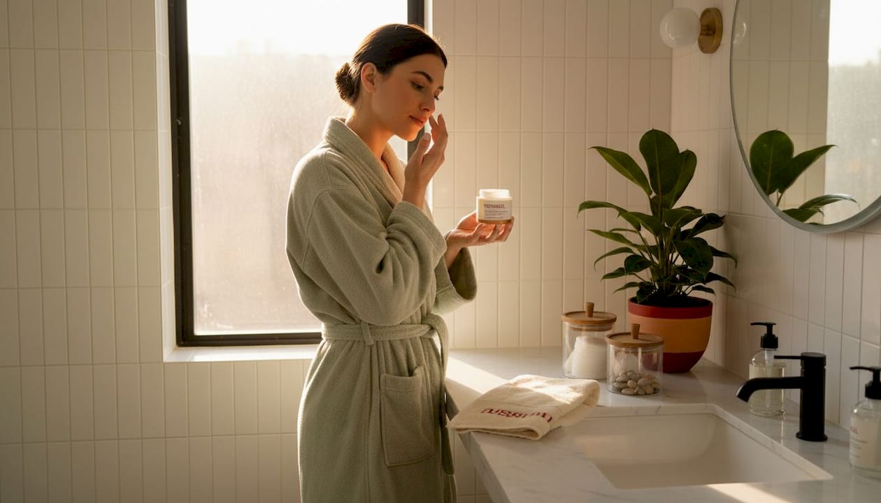 Woman applies organic moisturizer in bathroom