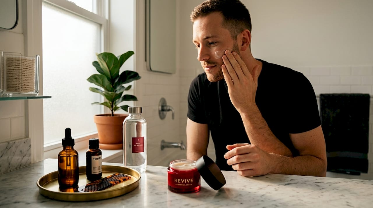 Man massaging vitamin C cream into face
