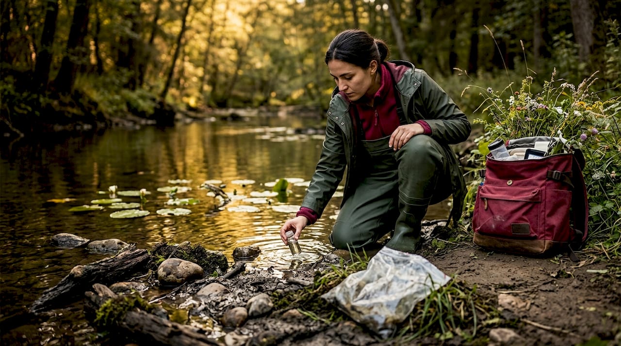 Scientist collecting water sample in river ecosystem
