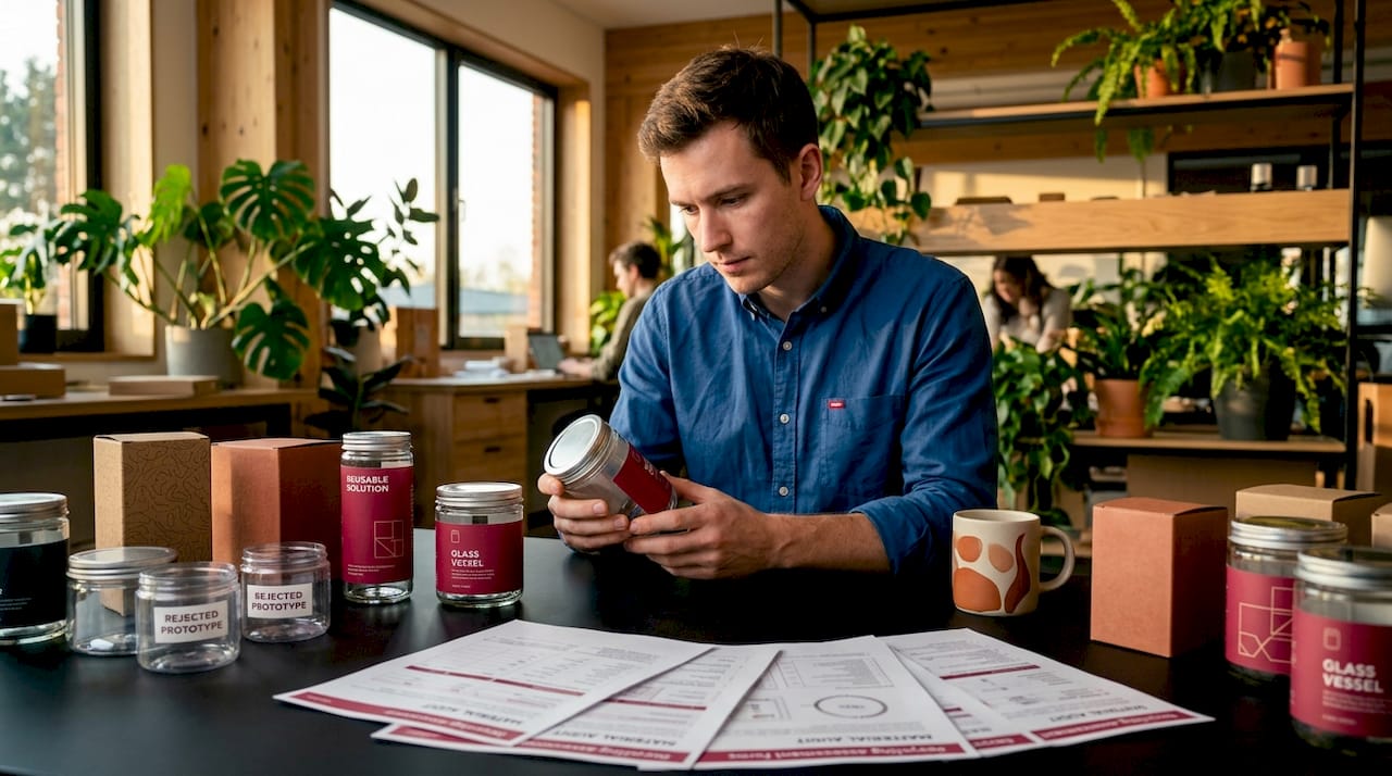 Engineer evaluating sustainable packaging samples
