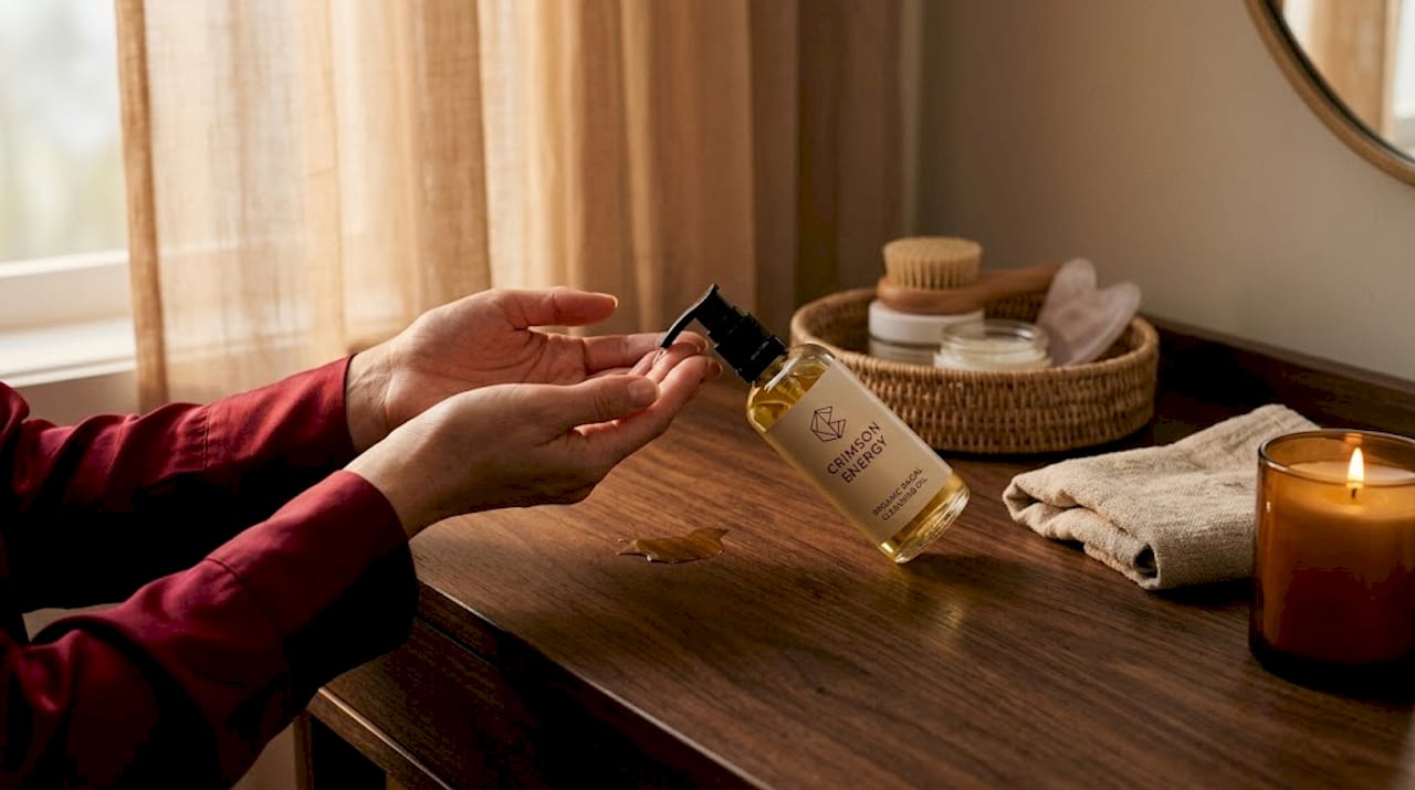 Hands applying organic facial cleansing oil