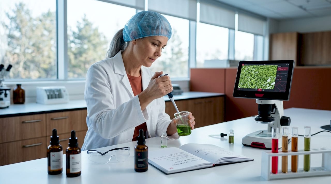 Lab technician testing botanical skincare extract