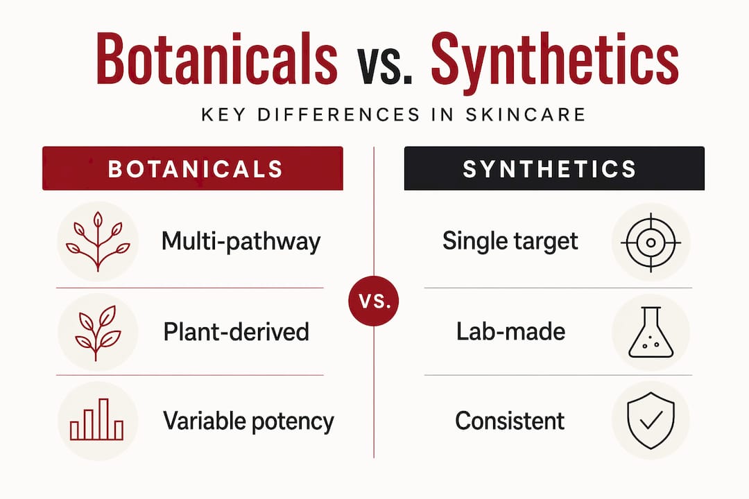 Infographic comparing botanicals and synthetics in skincare