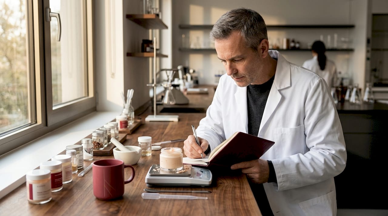 Chemist recording skincare product changes in lab