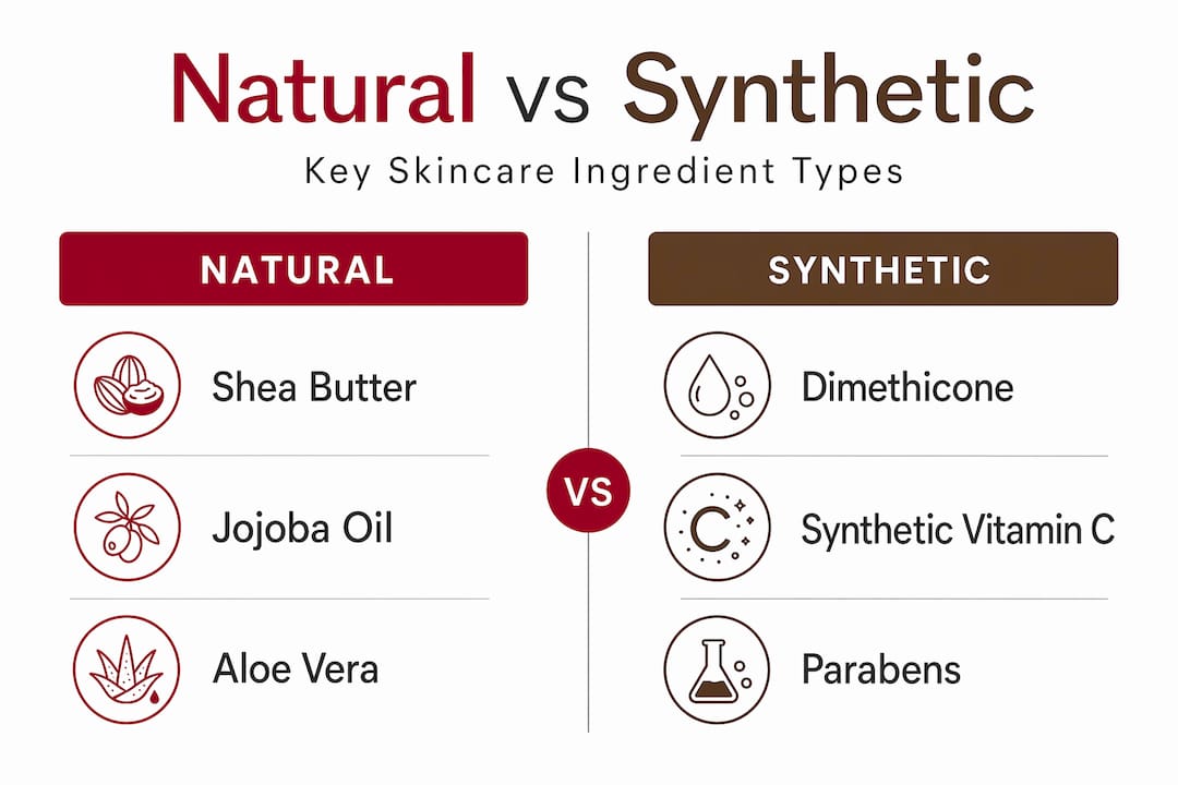 Infographic contrasting natural and synthetic skincare ingredients
