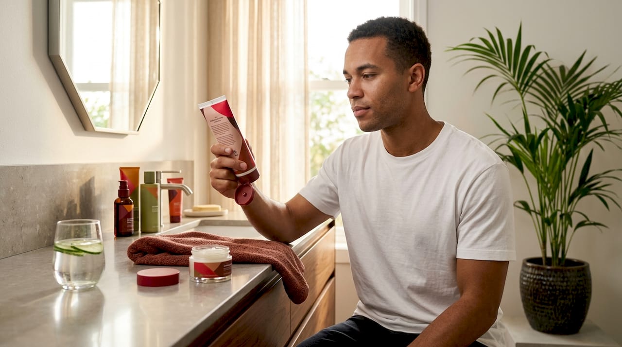 Man reading label on exfoliant at vanity