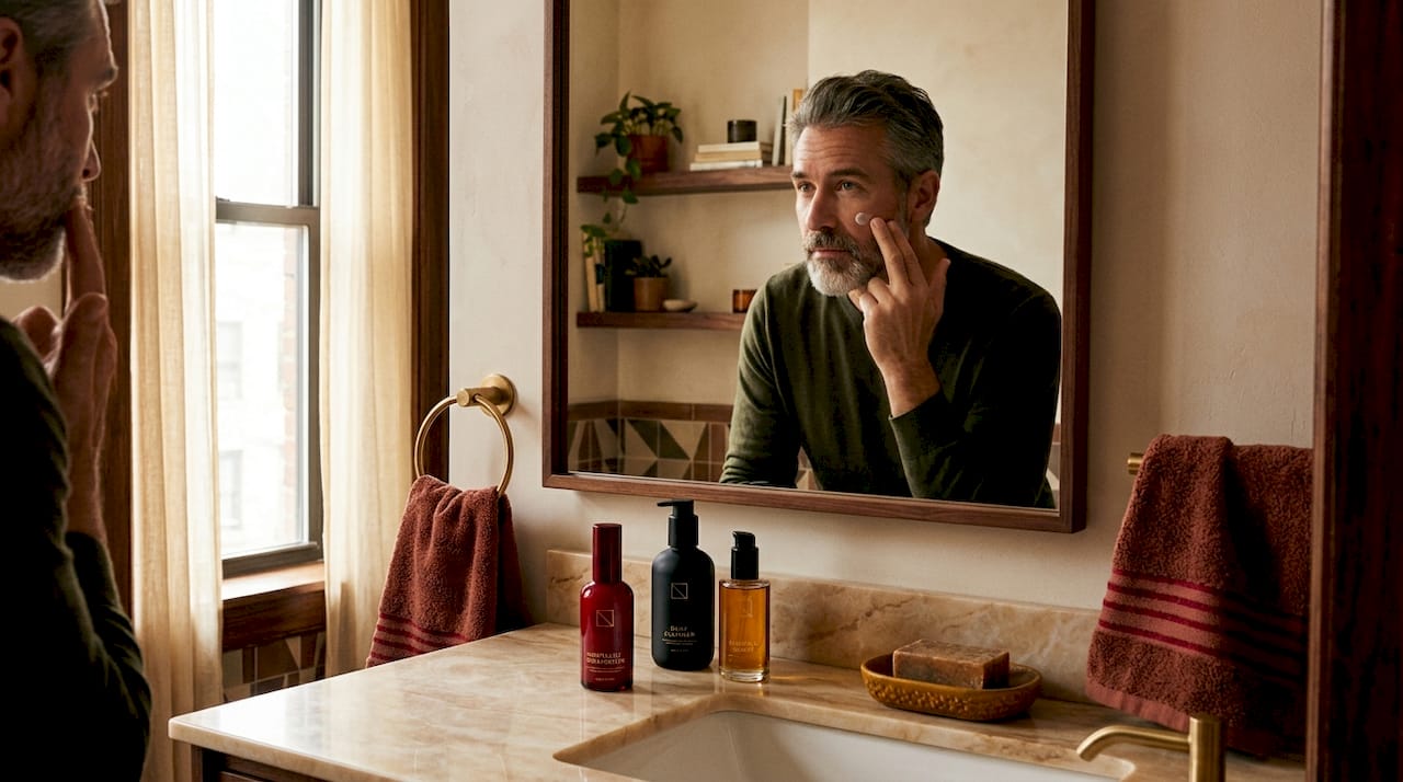 Man using minimalist skincare routine bathroom