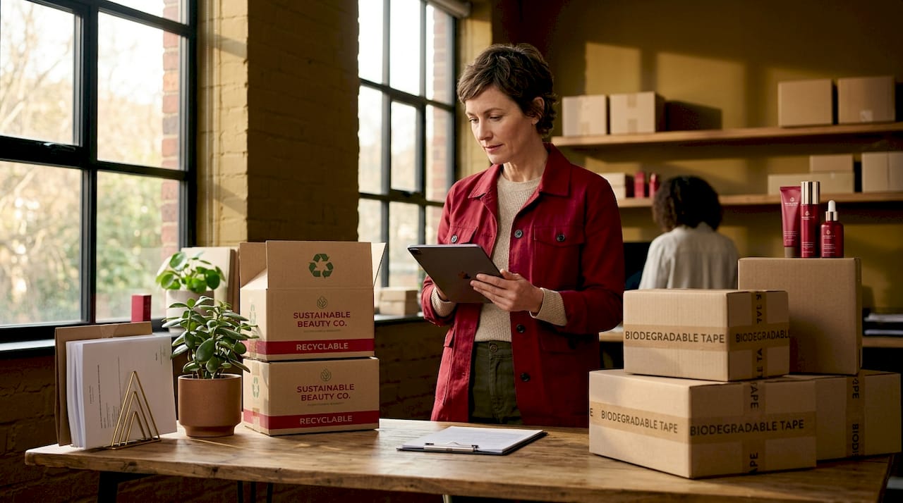 Manager checking sustainable beauty packaging shipment