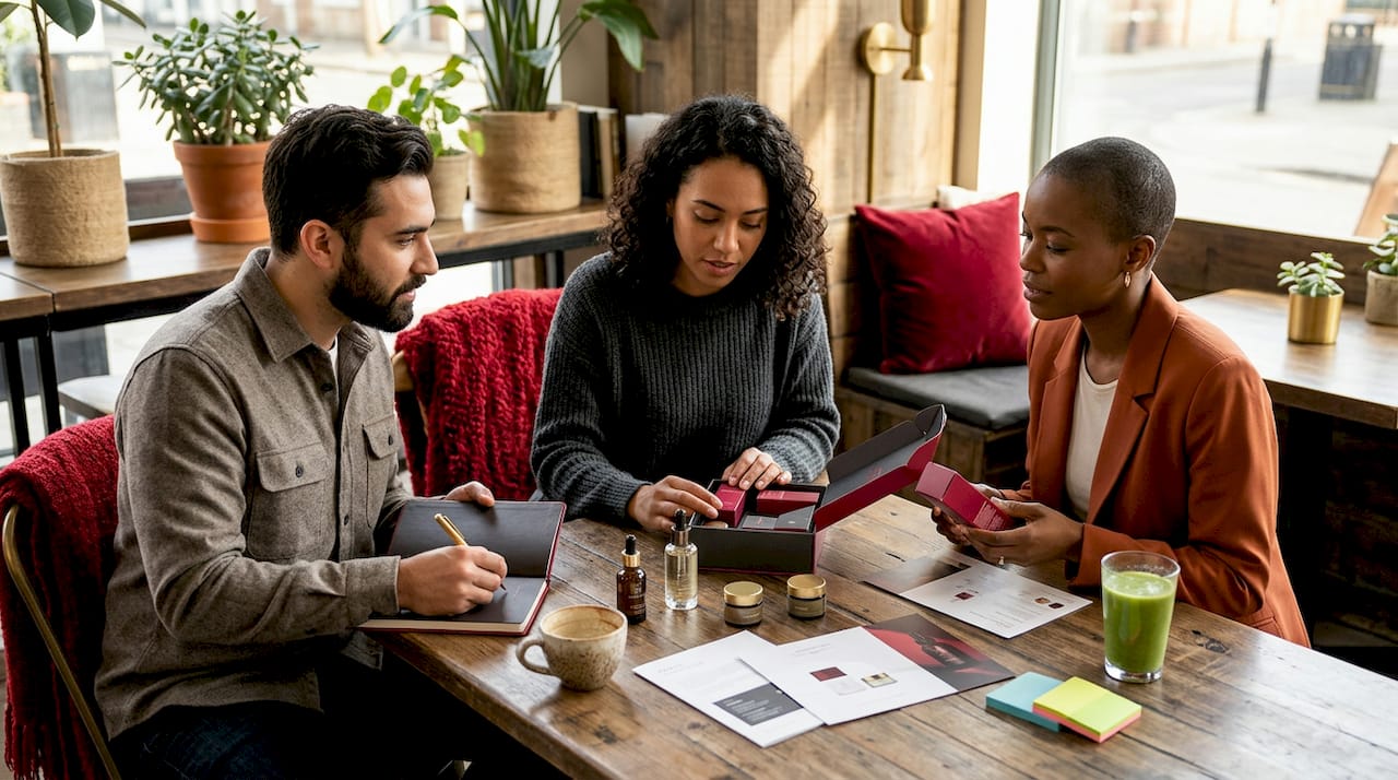 Entrepreneurs reviewing beauty kit in shared office