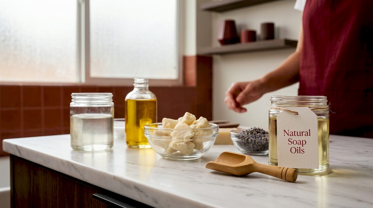 Plant-based vegan soap ingredients on kitchen counter