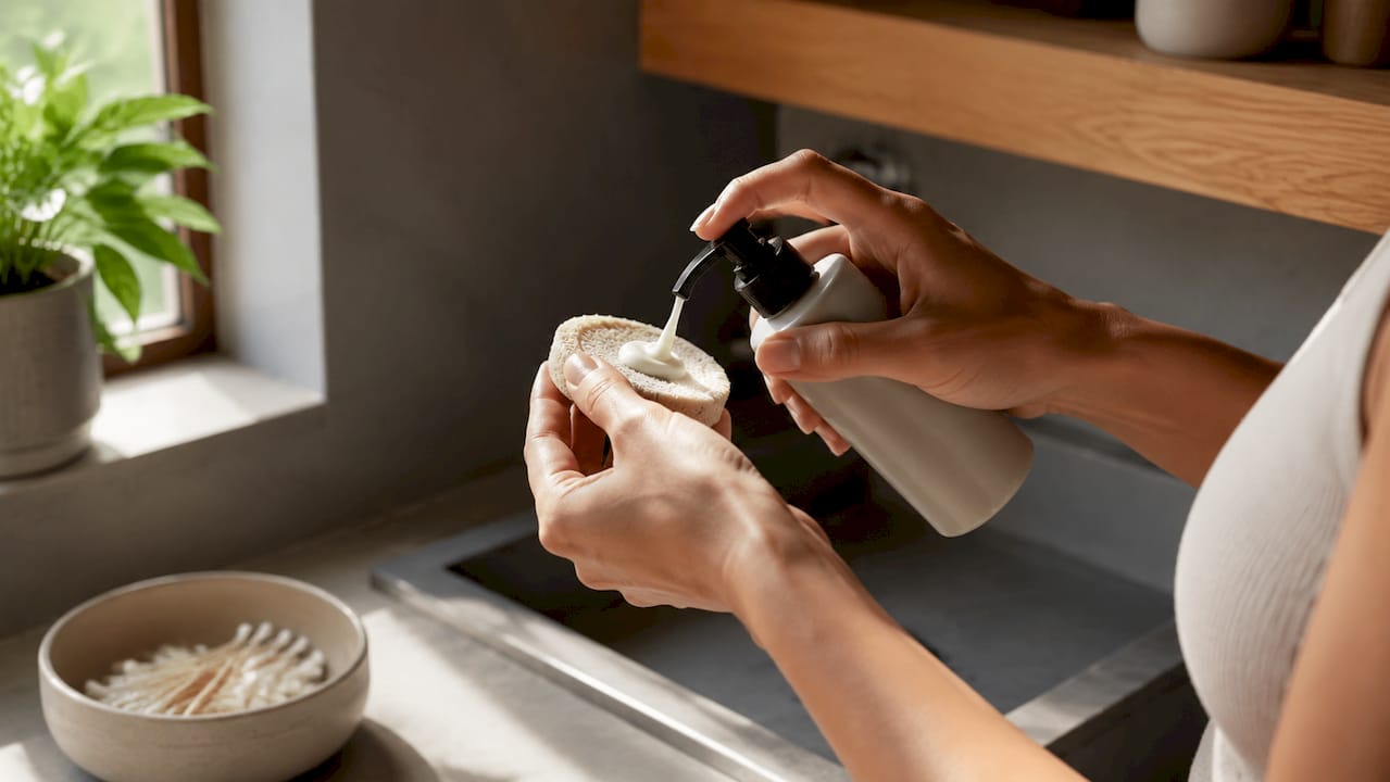 Hands dispensing gentle cleanser in bathroom
