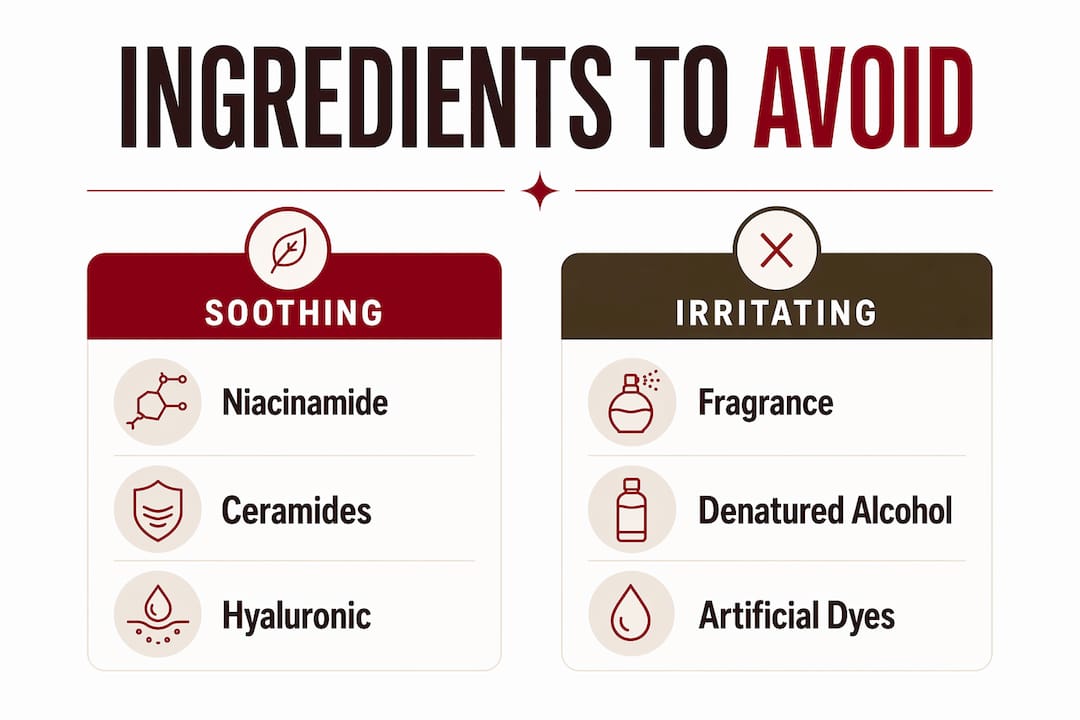 Infographic contrasting soothing vs irritating ingredients