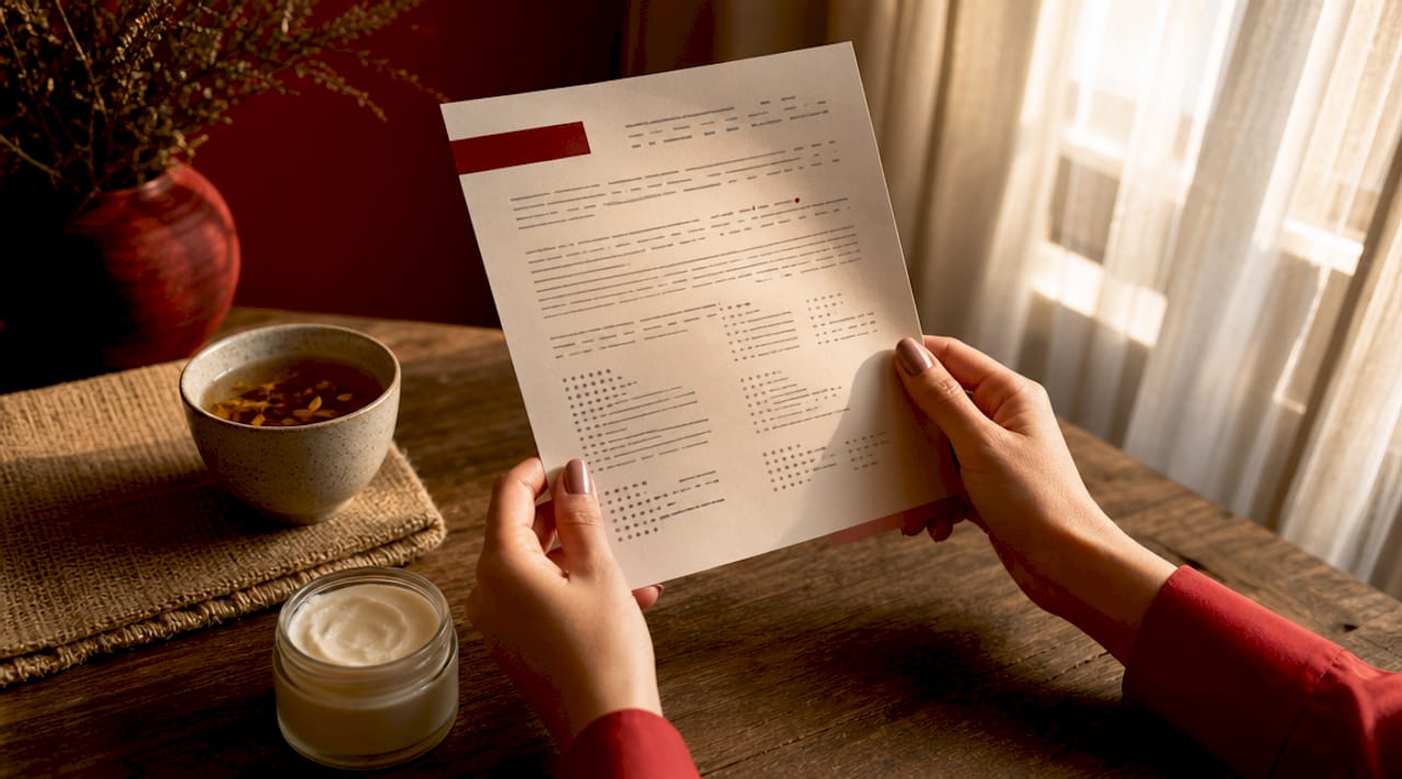 Hands inspecting cosmetic INCI list with magnifier