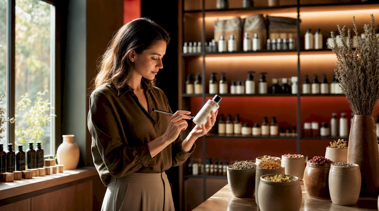 Pharmacist pointing to product ingredient label