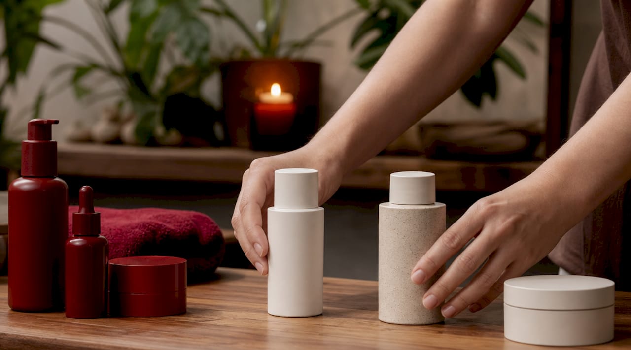 Hands comparing fragrance-free and fragranced skincare bottles