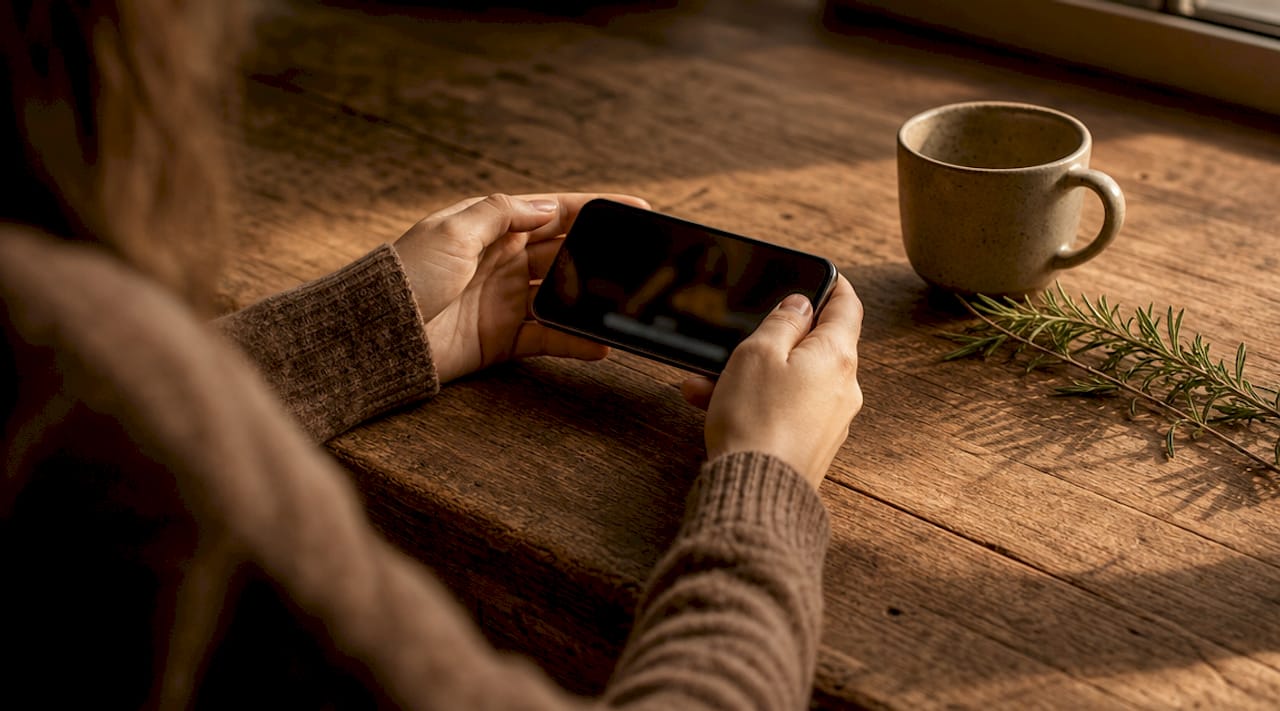 Hands interacting with vegan beauty content on smartphone