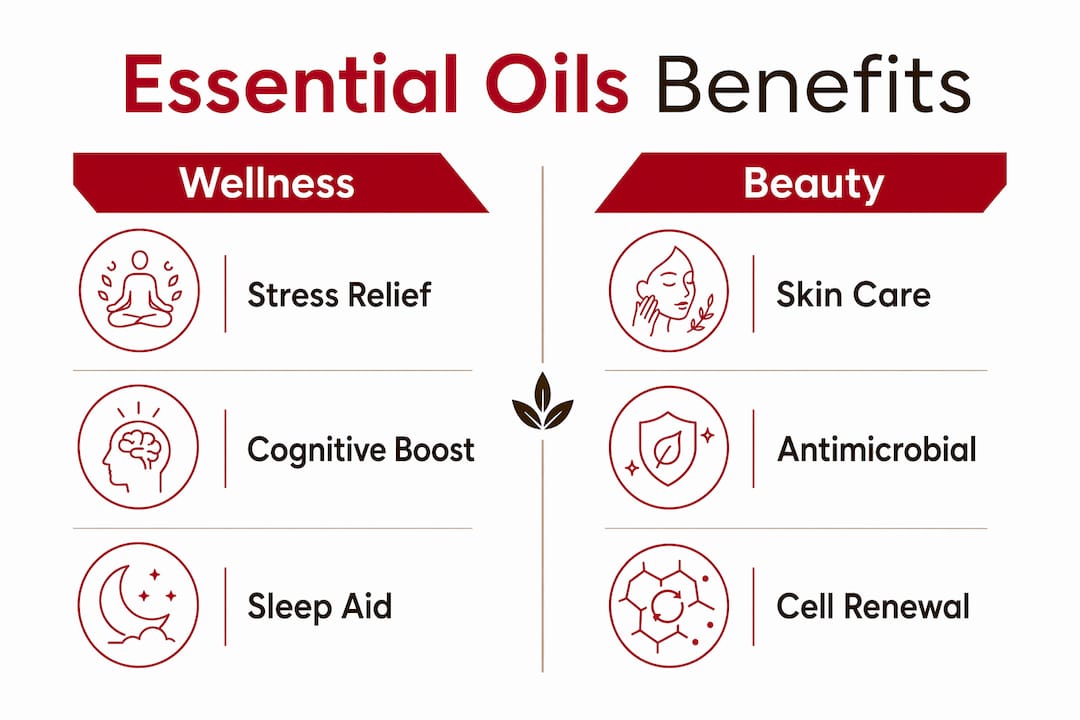 Infographic comparing wellness and beauty benefits of essential oils