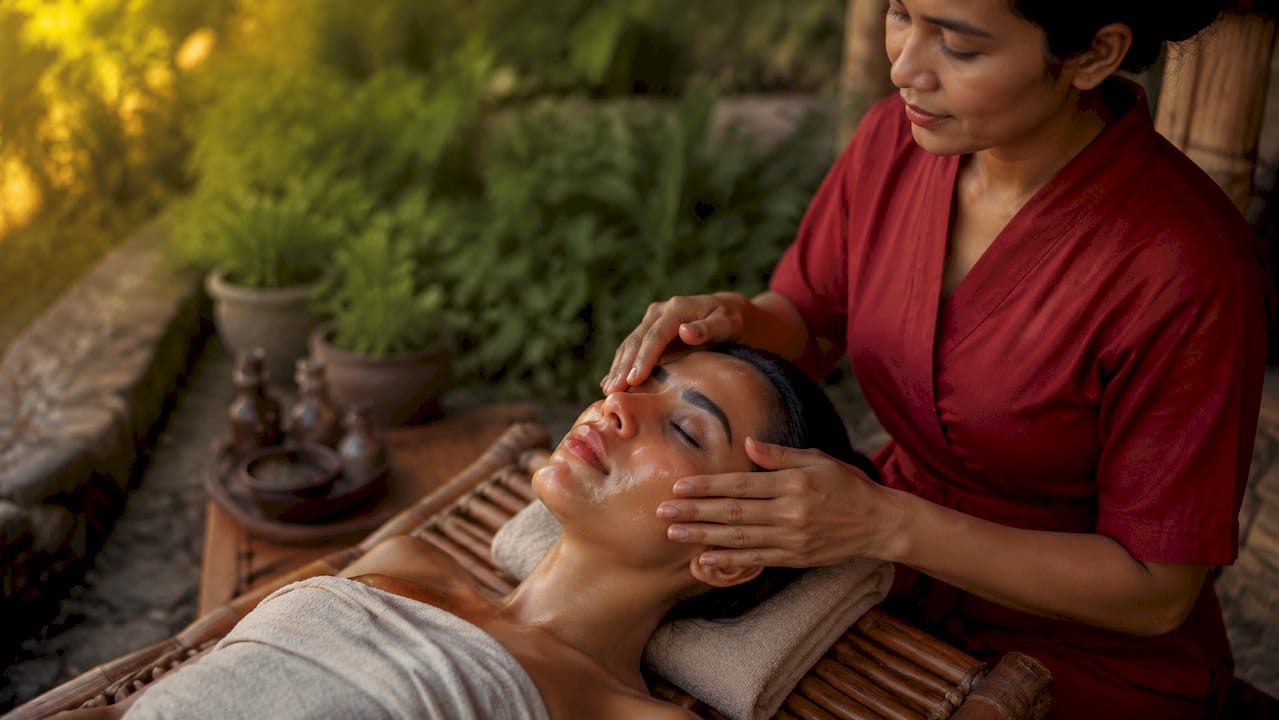 Hands applying plant oil on client's face