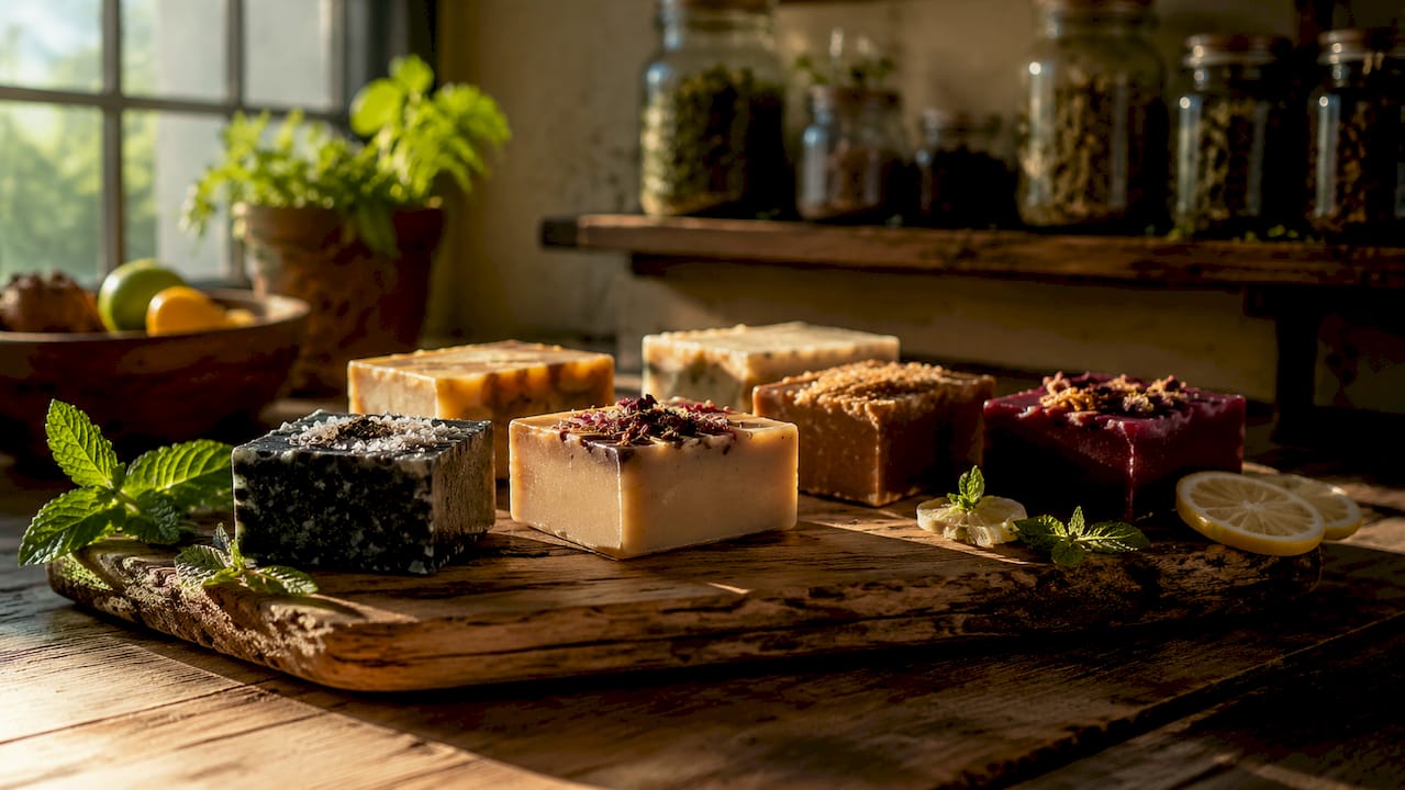 Artisanal natural face soaps with ingredients