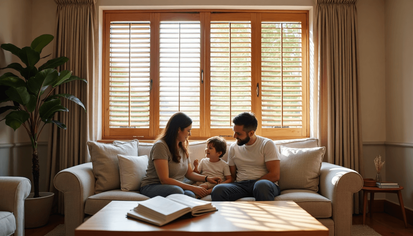 advantages of bespoke wooden shutters Family in bright living room with bespoke wooden shutters.