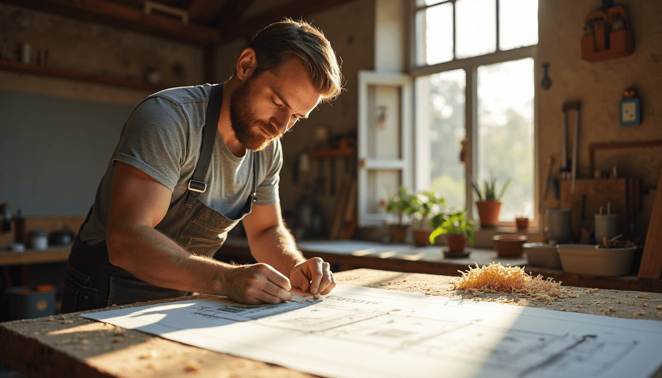 advantages of bespoke wooden shutters Artisan crafting custom shutters with blueprints on workbench.