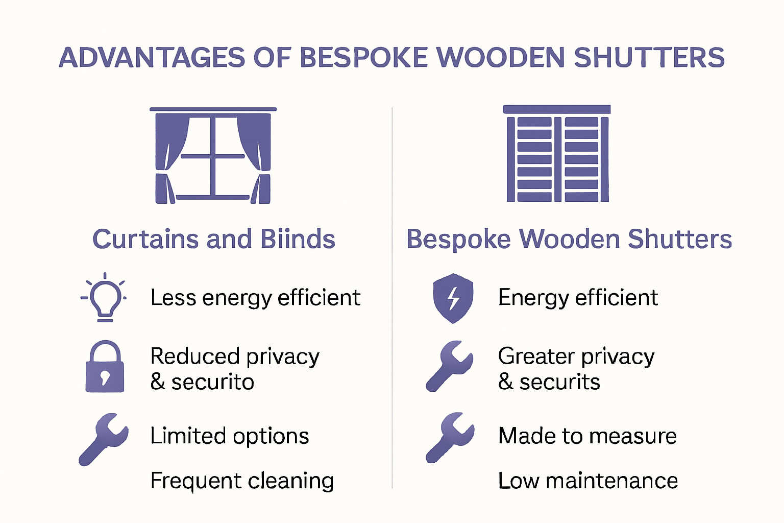 advantages of bespoke wooden shutters Infographic comparing benefits of bespoke wooden shutters and traditional window coverings
