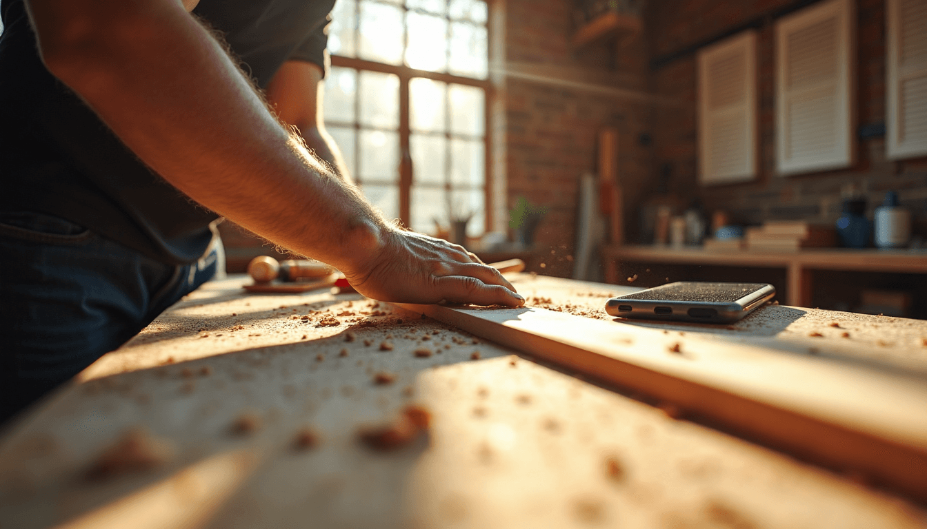 shutter styles for rustic homes Carpenter sanding timber board for rustic shutters in workshop