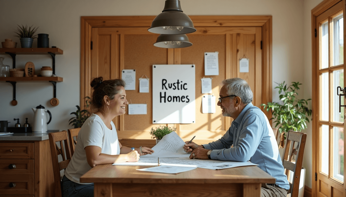 shutter styles for rustic homes Farmhouse living room with timber shutters, couple reviewing plans