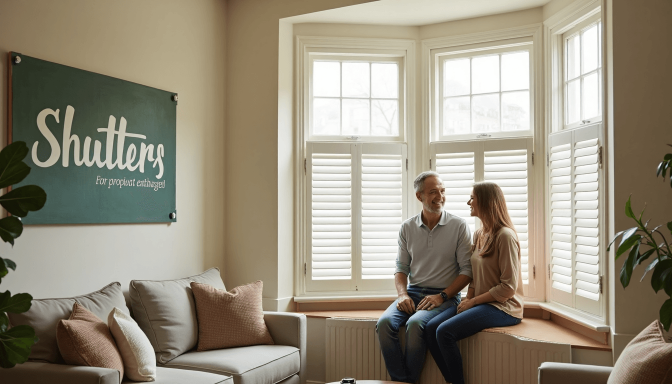 Bay window with shutters in sunlit UK living room, two people talking