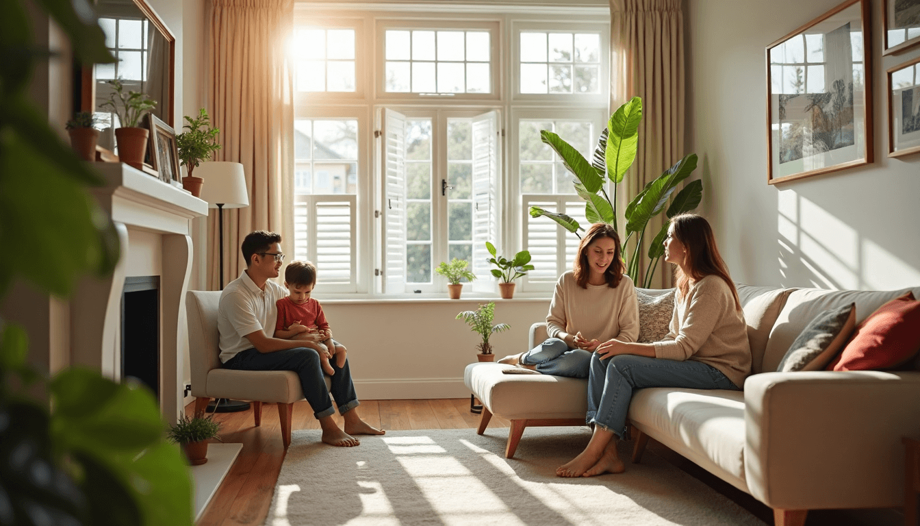Family gathers in sunlit living room with white full-height shutters